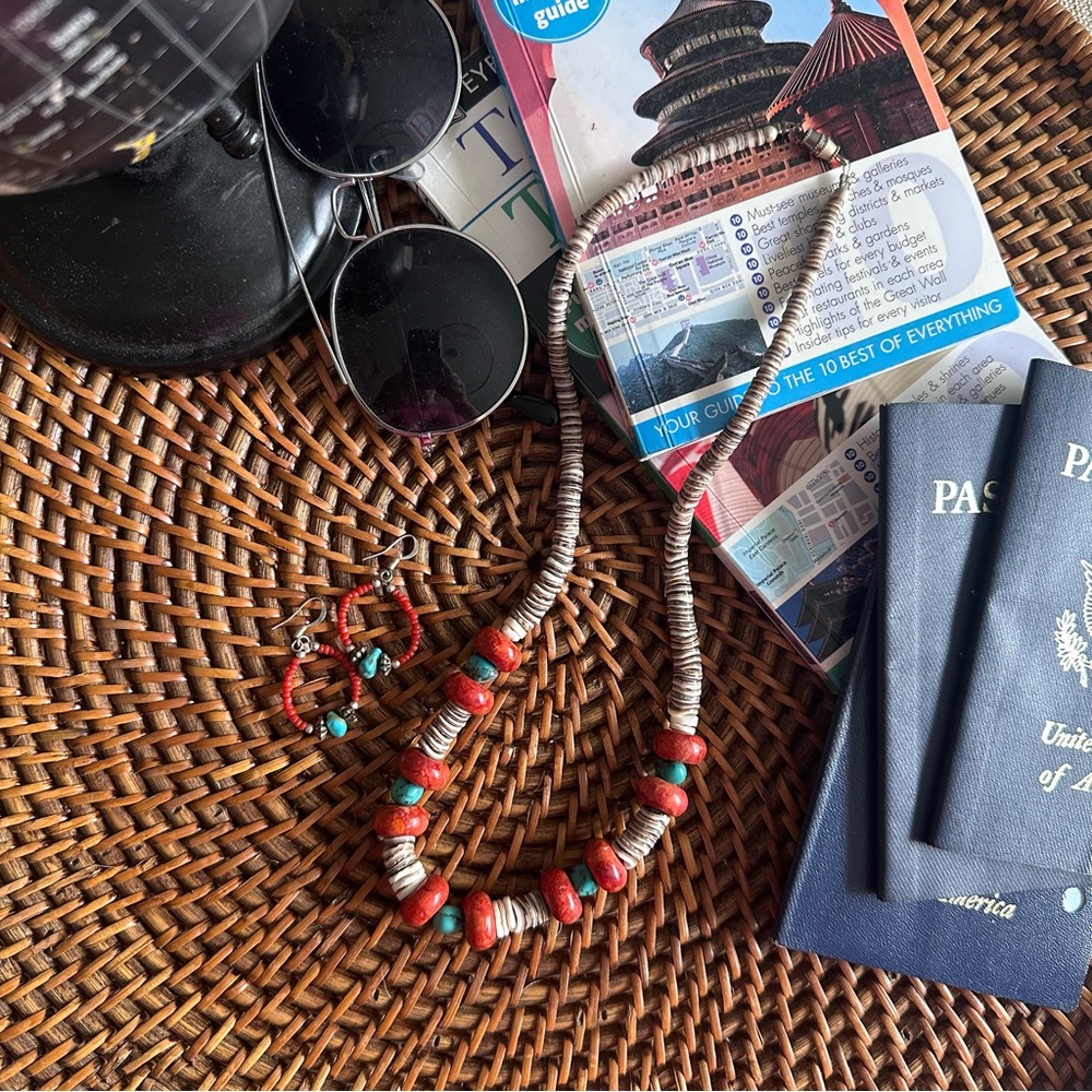 Genuine Stone Turquoise and Coral Necklace and Earring Set